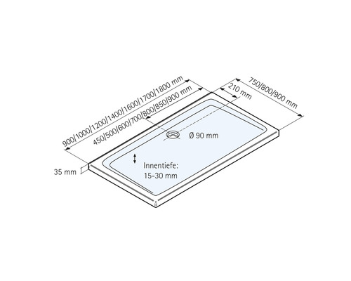 Desen tehnic al unei cădițe de duș cu dimensiuni indicate