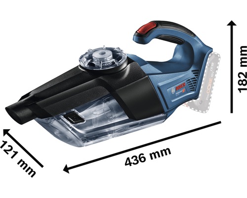 Aspirator cu acumulator cu dimensiunile de 436 mm lungime, 121 mm lățime și 182 mm înălțime