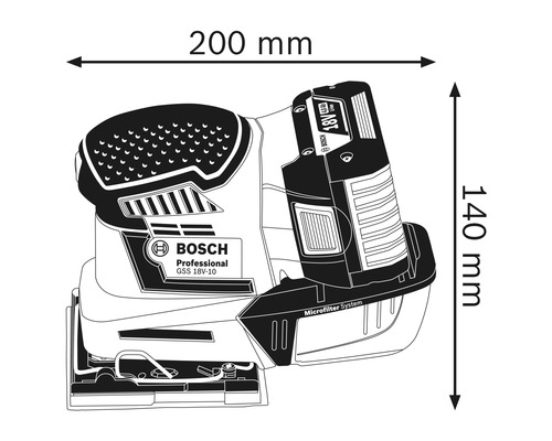 Dimensiuni șlefuitor cu acumulator Bosch GSS 18V-10: 200 mm lățime și 140 mm înălțime