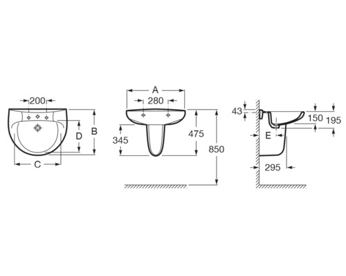 Desen tehnic al unui lavoar cu dimensiuni