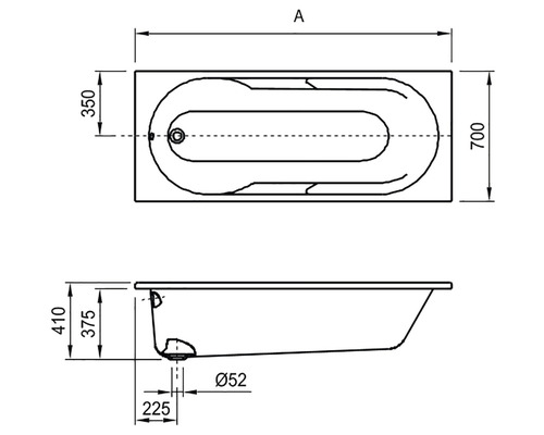 Desen tehnic al unei căzi cu dimensiuni