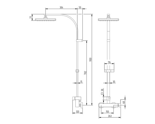 Desen tehnic al unui set de duș cu dimensiuni