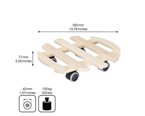 Suport mobil pentru plante din lemn cu dimensiunile 350 mm lungime și 77 mm înălțime
