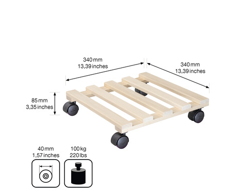 Placă cu rotile din lemn cu dimensiuni și informații despre capacitatea de încărcare