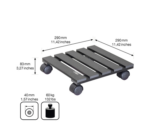 Suport cu rotile pentru plante cu dimensiunile 290 x 290 mm și o capacitate maximă de încărcare de 60 kg.