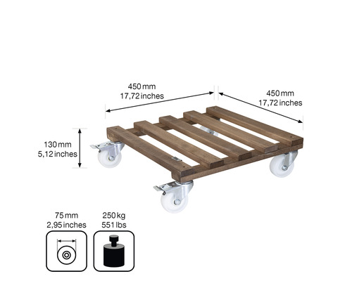 Suport pentru plante din lemn, 450x450 milimetri, cu role