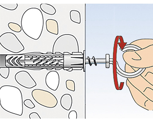 Ilustrație cu un șurub cu diblu într-un perete, care este strâns manual