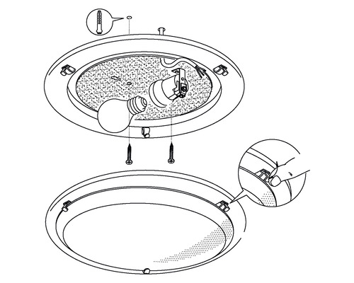 Desen explodat al unei lămpi de tavan pentru montare cu dibluri, șuruburi și un bec