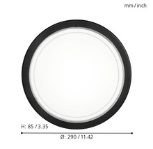 Lumină de plafon rotundă cu dimensiunile de 290 milimetri diametru și 85 milimetri înălțime.