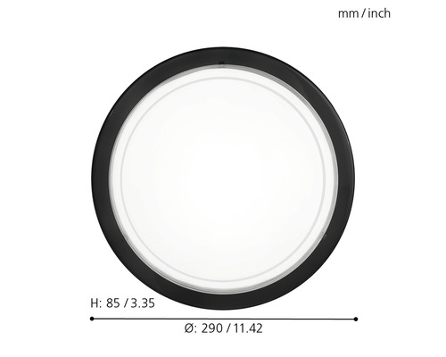 Lumină de plafon rotundă cu dimensiunile de 290 milimetri diametru și 85 milimetri înălțime.