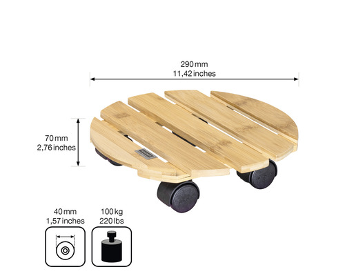 Suport pe rotile din bambus cu dimensiunile 290 x 70 mm și o capacitate portantă de 100 kg
