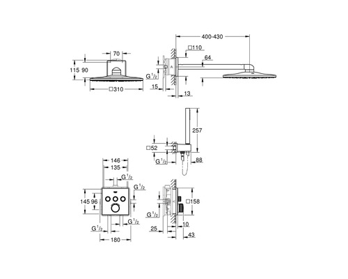 Desen tehnic al unei armături de duș cu dimensiuni