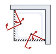 Ilustrație a unei uși de cabină de duș care se poate roti în interior și în exterior