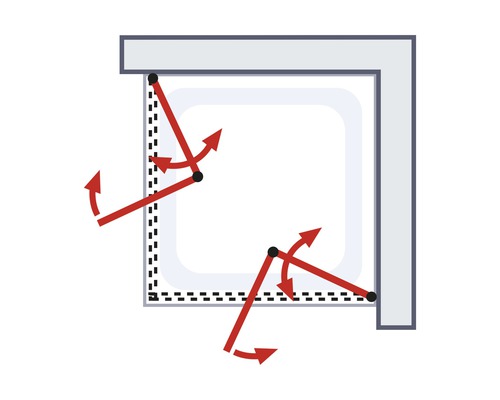 Ilustrație a unei uși de cabină de duș care se poate roti în interior și în exterior