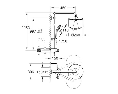 Desen tehnic sistem de duș cu duș de cap și duș de mână