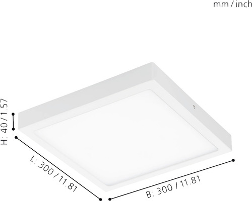 Plafonieră LED pătrată cu dimensiunile 300 x 300 x 40 milimetri.