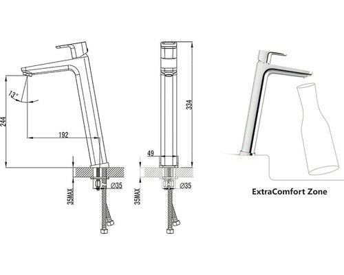 Desen tehnic al unui robinet de lavoar cu dimensiuni
