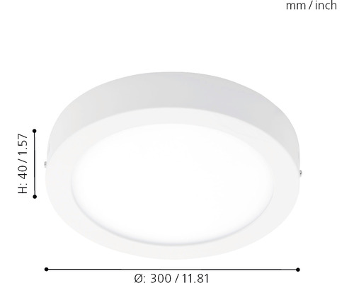 Plafonieră rotundă albă cu dimensiunile înălțime 40 milimetri și diametru 300 milimetri.