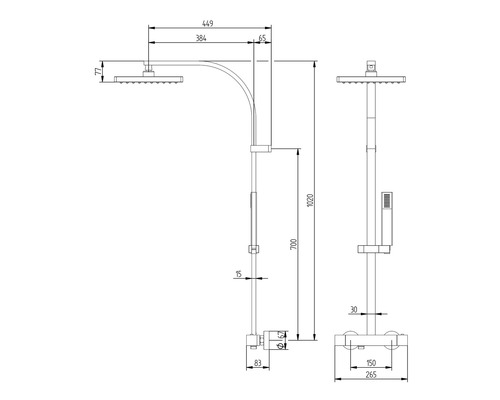 Desen tehnic al unei baterii de duș cu dimensiuni