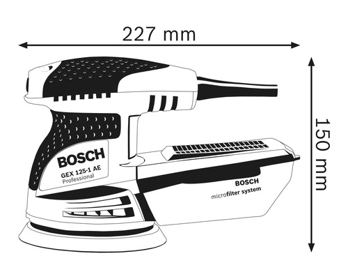 Imagine a șlefuitorului excentric Bosch GEX 125-1 AE Professional cu dimensiunile de 227 mm lungime și 150 mm înălțime