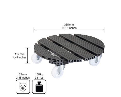 Cărucior pentru plante din plastic cu role, diametru 385 milimetri, capacitate portantă 150 kilograme