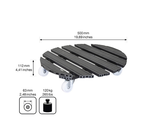 Suport pentru plante din plastic cu role și dimensiuni