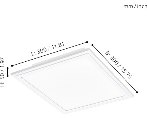 Dimensiunile unei lămpi de plafon cu LED: lungime 300 milimetri, lățime 300 milimetri, înălțime 50 milimetri