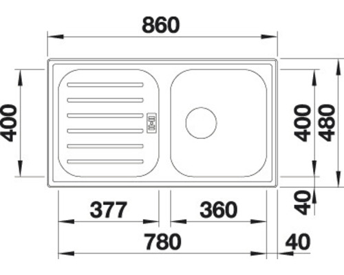 Desen tehnic al unei chiuvete de bucătărie cu dimensiuni.