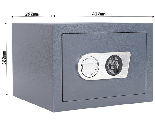 Seifă gri pentru mobilă cu blocare electronică cu cifru și dimensiuni de 390 pe 420 pe 300 milimetri.
