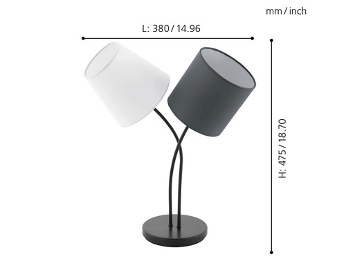 Lampă de masă cu două abajururi și dimensiuni.