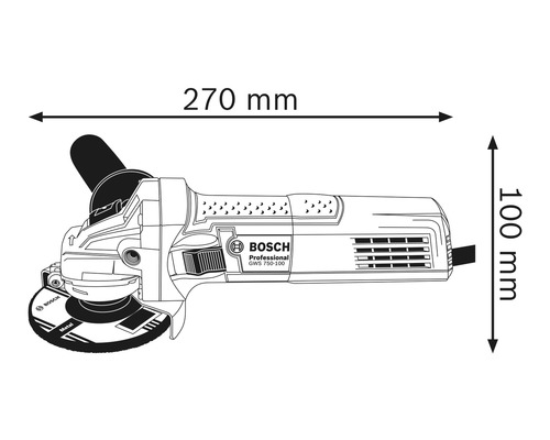 Desen tehnic al unui polizor unghiular cu dimensiunile de 270 mm lungime și 100 mm înălțime.