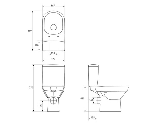 Desen tehnic al unui WC cu montare pe podea cu dimensiuni