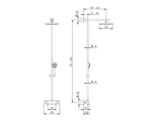 Desen tehnic al unei baterii de duș cu dimensiuni
