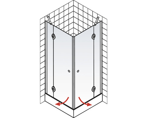 Cabină de duș pe colț cu două uși și scurgere de apă pe podea