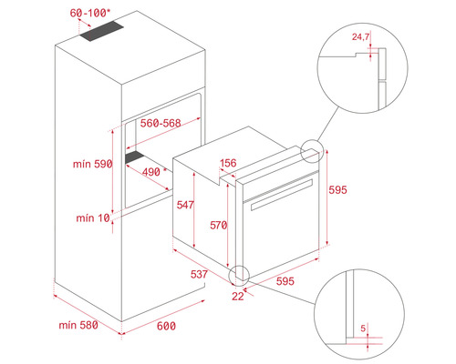Desen dimensional al unui cuptor cu dimensiunile corespunzătoare