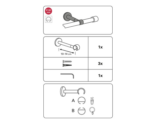 Imagine cu componentele unui suport de bară de perdea cu un diametru de 20 de milimetri.