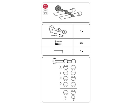 Imagine cu instrucțiunile de asamblare pentru o tijă de perdea cu accesorii și dimensiuni