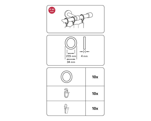 Desen tehnic inele de perdea cu accesorii și dimensiuni