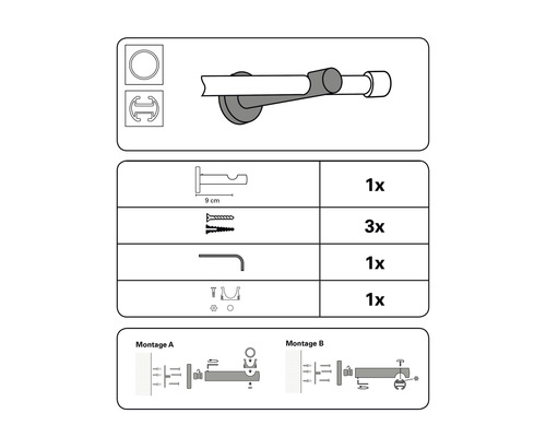 Imagine cu instrucțiunile de asamblare pentru o bară de perdea cu accesorii