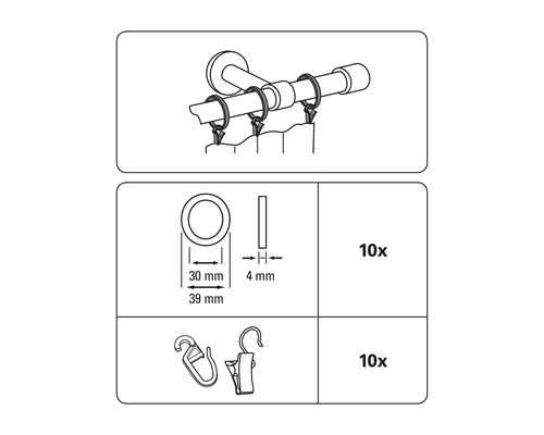 Set accesorii bară perdea cu inele, cârlige și cleme, 10 bucăți