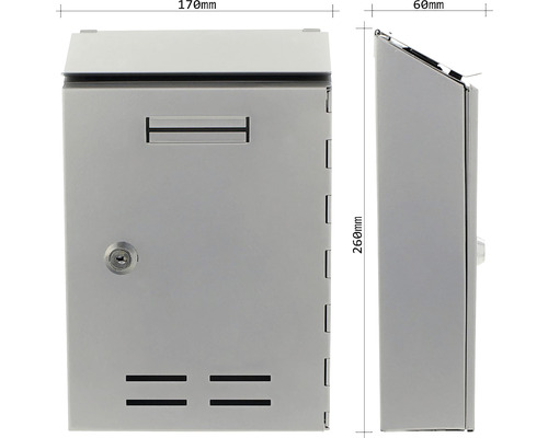 Cutie poștală cu dimensiunile de 170 mm lățime, 260 mm înălțime și 60 mm adâncime