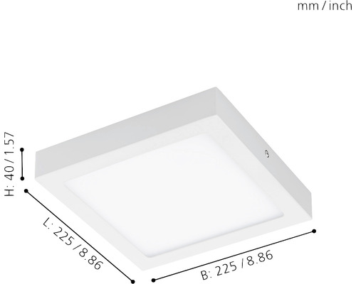 Lumină de plafon pătrată cu dimensiunile 225 x 225 x 40 milimetri.
