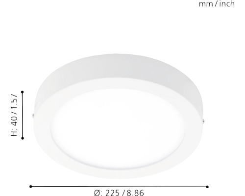 Plafonieră rotundă cu dimensiunile de 225 milimetri în diametru și 40 milimetri în înălțime