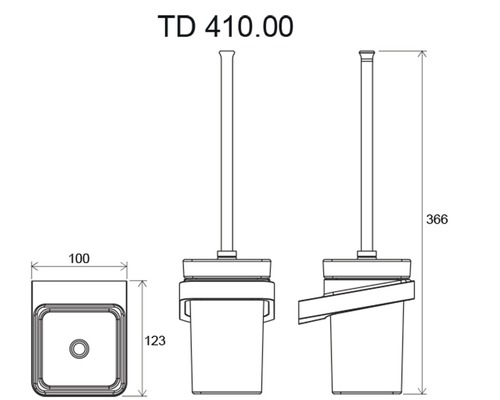 Desen tehnic al unui set WC cu dimensiunile 100, 123 și 366 milimetri