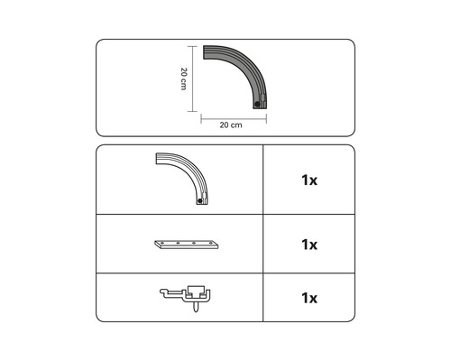 Imagine a unui set de accesorii pentru bara de perdele, constând dintr-un element curbat (20 cm), o placă de montaj și un element de fixare.