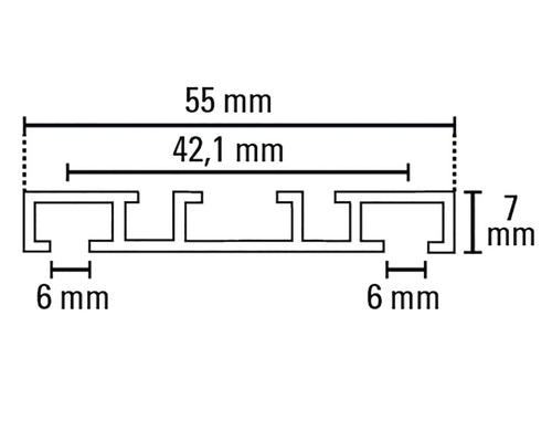 Desen tehnic al unui profil cu dimensiunile 55 mm, 42,1 mm, 7 mm și 6 mm.