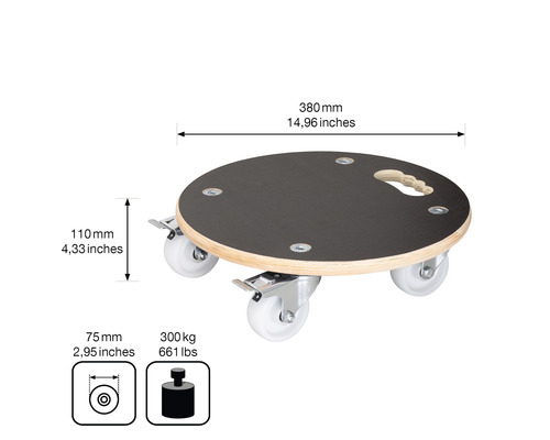Scândură rotundă cu rotile, cu mâner și indicații de dimensiuni.