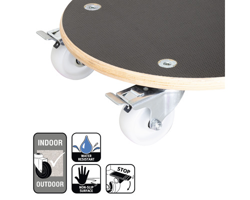 Placă pe rotile cu roți și frână, precum și simboluri pentru interior și exterior, rezistentă la apă, suprafață antiderapantă și frână de parcare