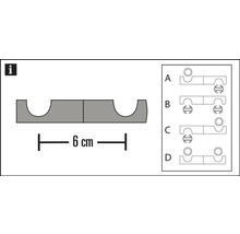 Reprezentare schematică a unei cleme pentru conducte cu dimensiunea de șase centimetri și variante de montaj.