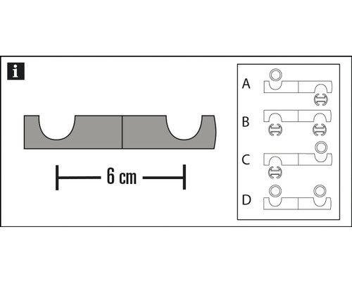 Reprezentare schematică a unei cleme pentru conducte cu dimensiunea de șase centimetri și variante de montaj.